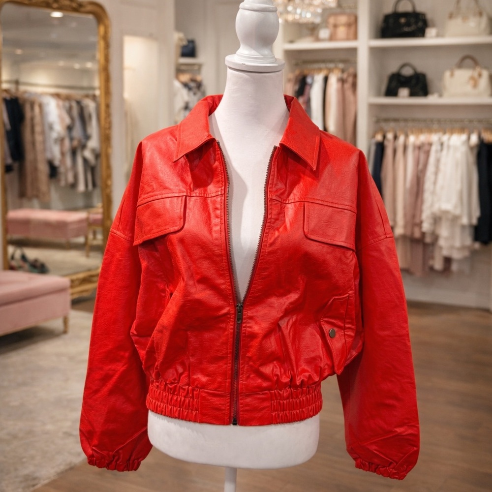 White Birch Black Label Red Faux Leather Jacket M/L Cropped Bomber NWOT